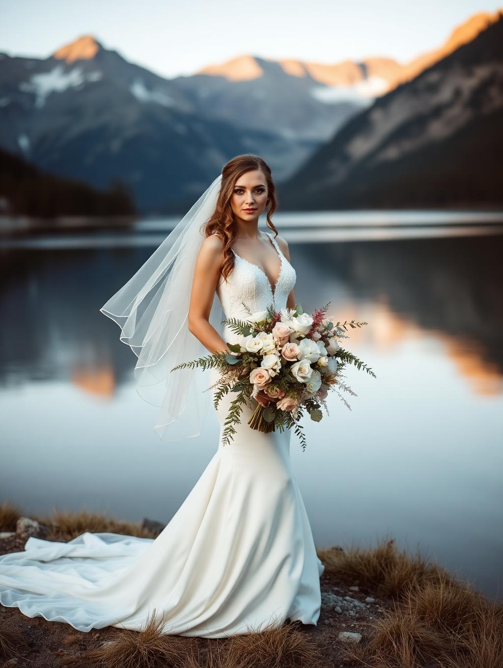 Bride holding a loose garden bouquet beside an alpine lake