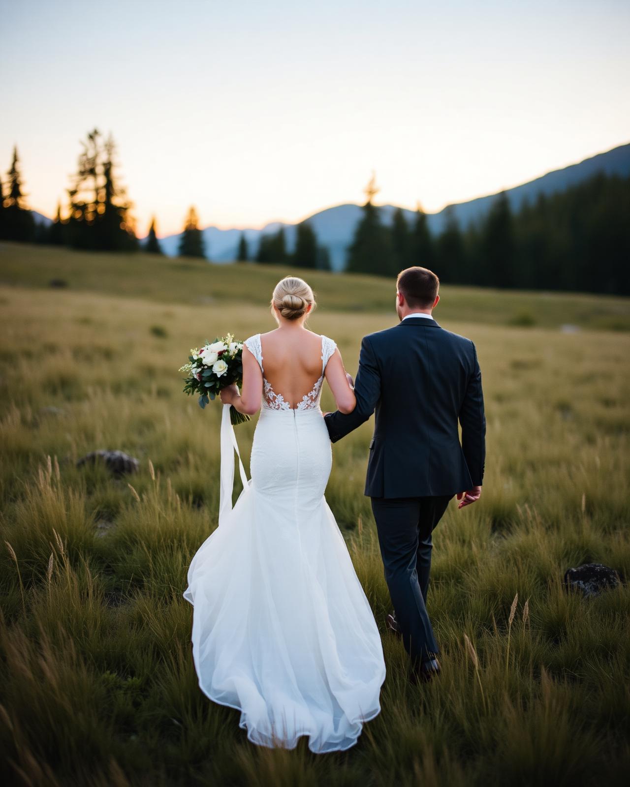 Couple walking through a mountain meadow at dusk