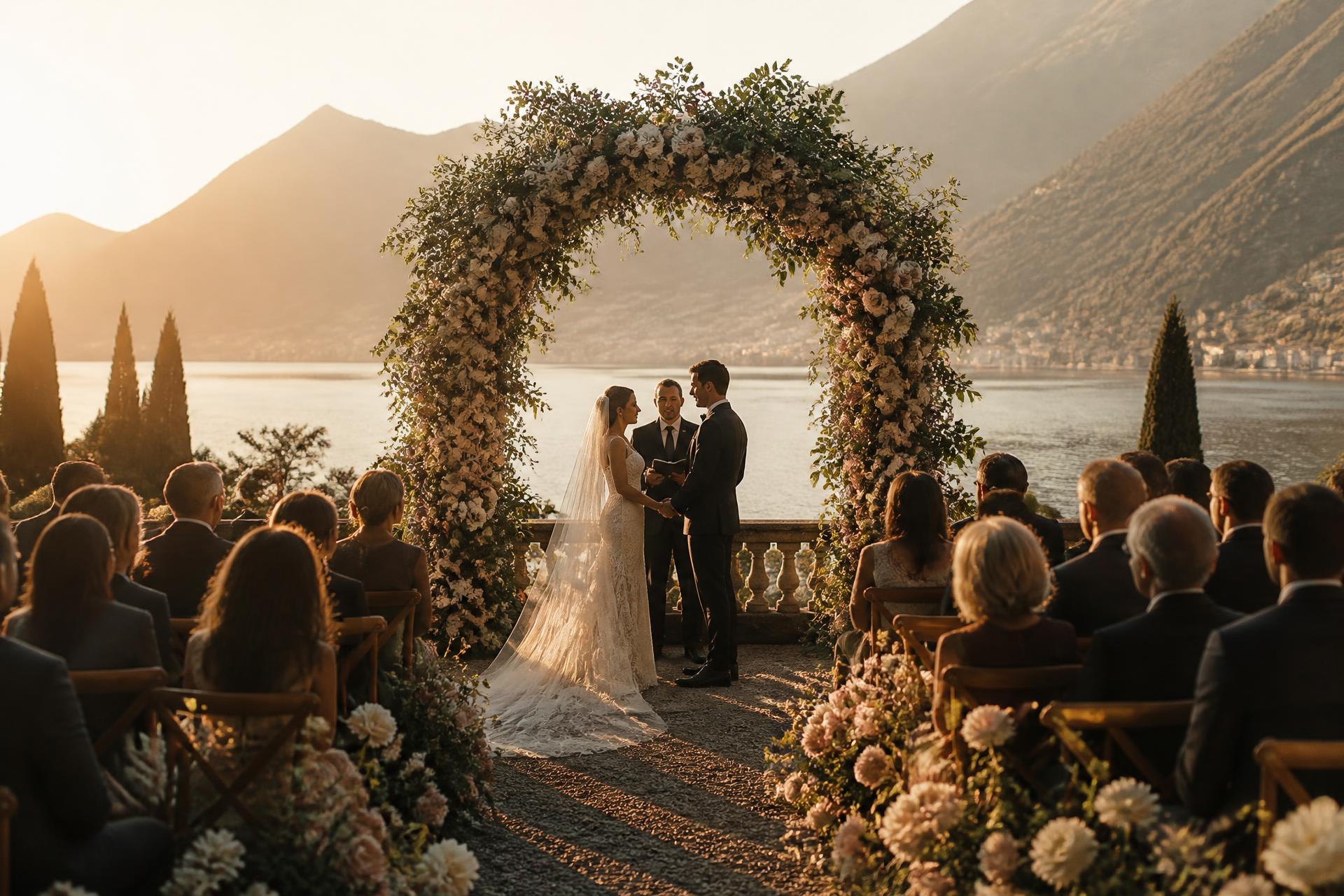 Golden hour lakeside wedding ceremony beneath a full floral arch
