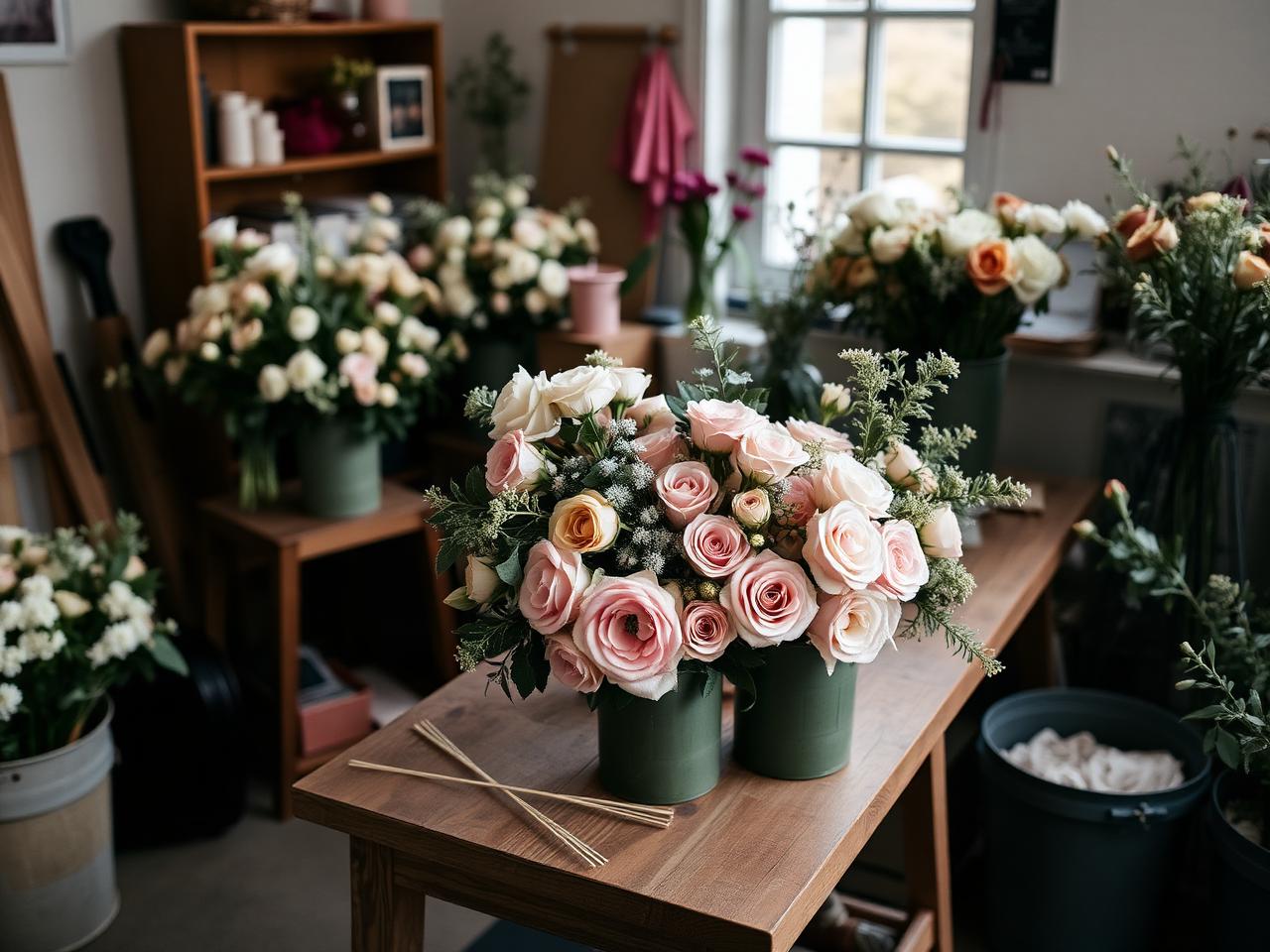 Florist studio bench with buckets of blush and cream blooms